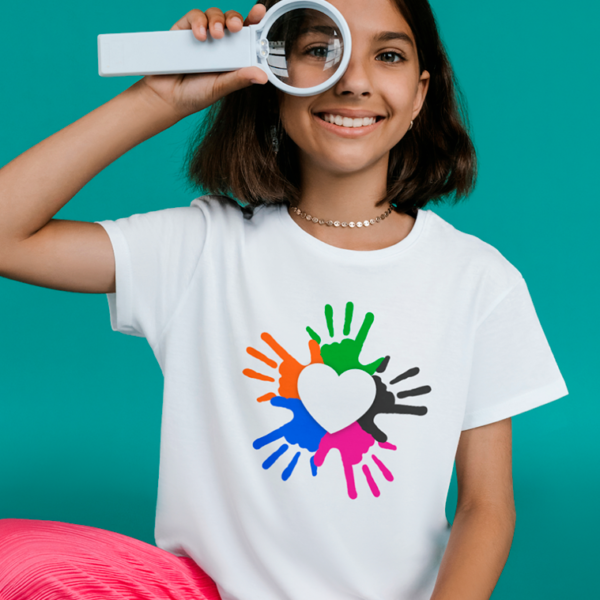 Camiseta branca com símbolo grande no centro - Vozes do Coração